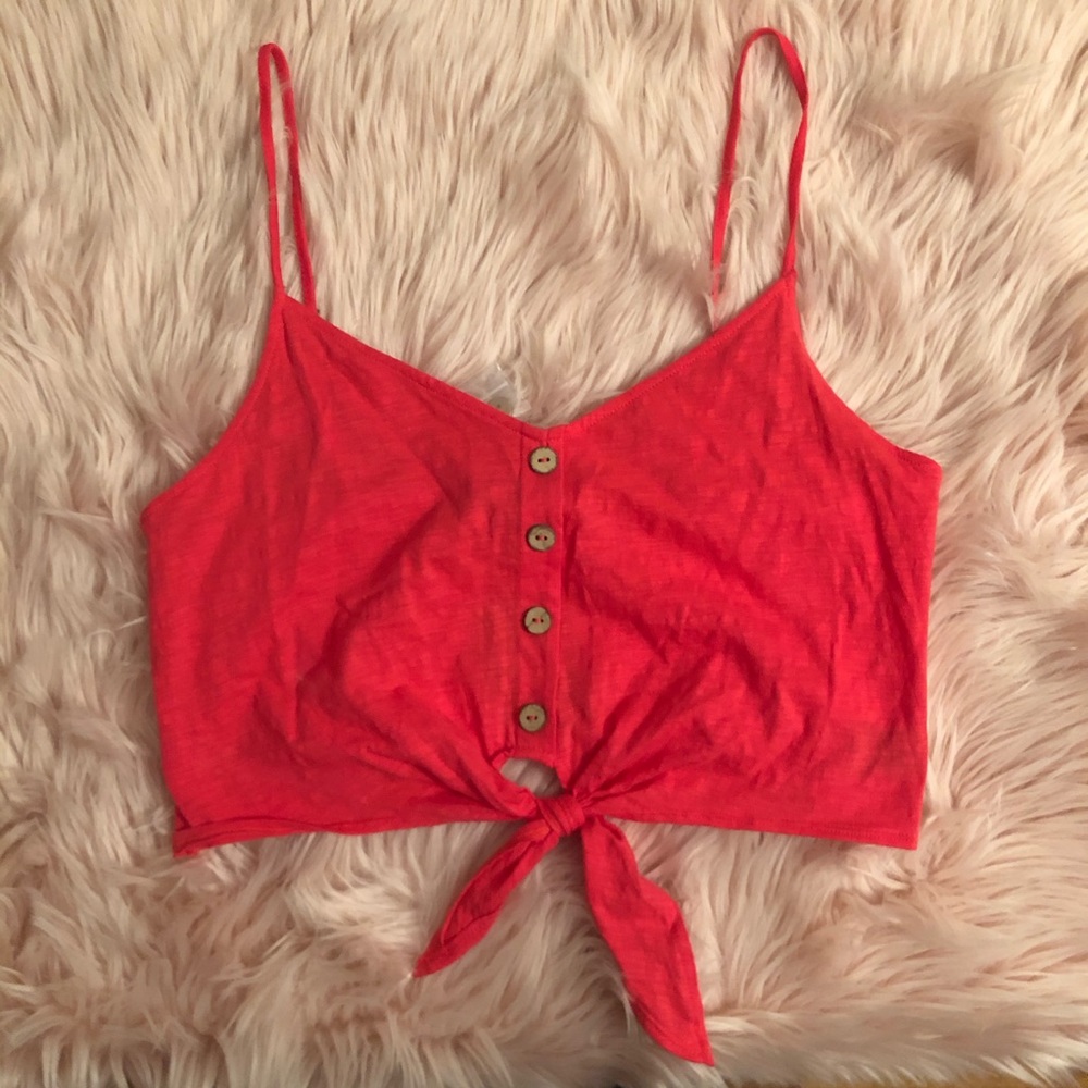 Neon coral button and tie crop top